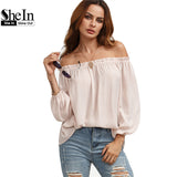 SheIn Woman Summer Tops 2016 Women Fashion Clothing Ladies Pink Off The Shoulder Long Sleeve Casual Loose Blouse