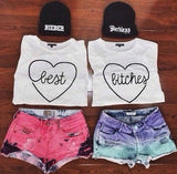 Summer 2017 New Fashion Short Sleeve Loose T Shirt Women Clothing "BEST BITCHES" Heart Print Women Tops In Stock