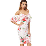 SheIn Summer Women Dress Korean Fashion Clothing White Rose Print Cold Shoulder Short Sleeve Ruffle Knee Length Dress