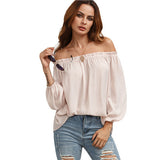SheIn Woman Summer Tops 2016 Women Fashion Clothing Ladies Pink Off The Shoulder Long Sleeve Casual Loose Blouse