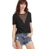 SheIn Summer 2017 Women Clothing Summer T-shirt for Women Black Eyelet Mesh Boat Neck Short Sleeve Sexy T-shirt