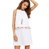 SheIn Womens Boho Dresses New Arrival Women Clothing Ladies Summer White Tassel Trim Round Neck Sleeveless A-line Tank Dress