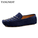 Tangnest Brand NEW Rivets Flats Men Fashion 2017 Split Leather Square Toe Loafers Man Soft Driving Shoes Moccasins XMR2606