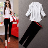 2 pieces set 2017 Women Clothing 2 Pieces Lady Clothing Set Large Size S-XL/2XL Summer Three Quarter Sleeve Chiffon Blouse+pants