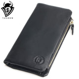 TAUREN Genuine Cowhide Leather Men Wallets Fashion Black Purse With Card Holder Vintage Long Wallet Clutch Wrist Bag