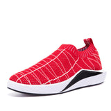 Men Knitted Fabric Platform Shoes, Black/Red/Gray Breathable Plaid Air Mesh, Light Casual Slip On, Elastic Flats/Flat Shoes