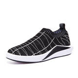 Men Knitted Fabric Platform Shoes, Black/Red/Gray Breathable Plaid Air Mesh, Light Casual Slip On, Elastic Flats/Flat Shoes