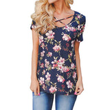Cross Front T shirt Summer Women Floral Print Short Sleeve Crisscross Front V Neck Bandage Tops Female T shirt Woman Clothes
