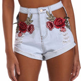 2017 Womens Summer Embroidery Flower High Waist Holes Zipper Button Pockets Casual Skinny Denim Jeans Shorts Hotpants