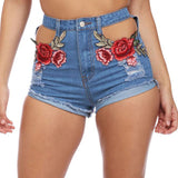 2017 Womens Summer Embroidery Flower High Waist Holes Zipper Button Pockets Casual Skinny Denim Jeans Shorts Hotpants