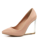 BONJOMARISA Crystal Wedge High Heel Pumps Genuine Leather Summer Shoes Pointed Toe White Red Black Apricot Party Wedding Shoes