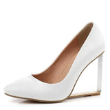BONJOMARISA Crystal Wedge High Heel Pumps Genuine Leather Summer Shoes Pointed Toe White Red Black Apricot Party Wedding Shoes