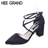 HEE GRAND Cross-tied Women Sandals Summer Sexy Square High Heels Flock Wedding Shoes Woman Elegant Pumps Ladies 3 Colors XWZ2049