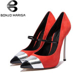 BONJOMARISA Plus Size 34-43 Fashion Women Party Wedding Pumps Sexy Clolor Mixed Pointed Toe High Heels Shoes Woman Blue Pumps