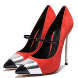 BONJOMARISA Plus Size 34-43 Fashion Women Party Wedding Pumps Sexy Clolor Mixed Pointed Toe High Heels Shoes Woman Blue Pumps