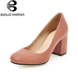 BONJOMARISA Gladiator Chunky Heels Round Toe Less Platform Party Wedding Office Dress Shoes Plus Size 34-43 Fashion Women Pumps